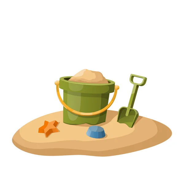 Toy bucket and shovel in sand isolated on white. Vector illustration — Stock Vector