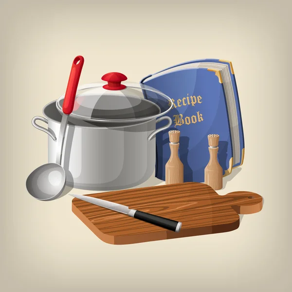 Pan, slev, receptbok, skärbräda och kniv. Vector kök bakgrund. — Stock vektor