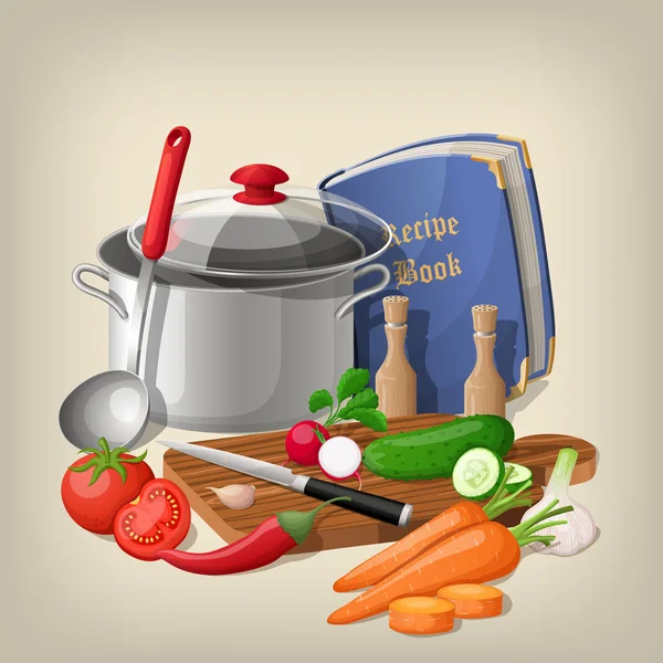 Utensilios de cocina y verduras. Fondo de cocina vectorial . — Vector de stock