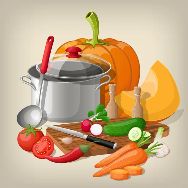 Naczynia kuchenne i warzywa. Tło wektor kuchnia. — Wektor stockowy