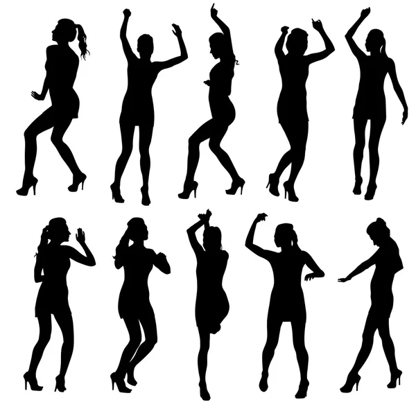Hermosas mujeres bailando silueta aislada. Ilustración vectorial — Vector de stock