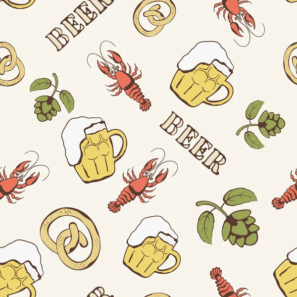 Glass of beer, hop, pretzel and crayfish seamless pattern — Stock Vector