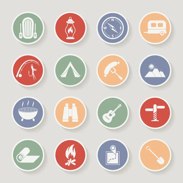 Ronde camping pictogrammen instellen. Vector iconen — Stockvector