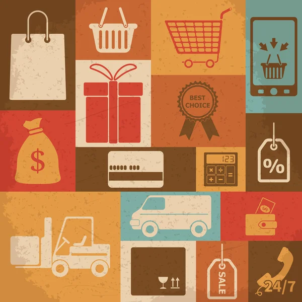 Iconos de compras retro. Ilustración vectorial — Archivo Imágenes Vectoriales