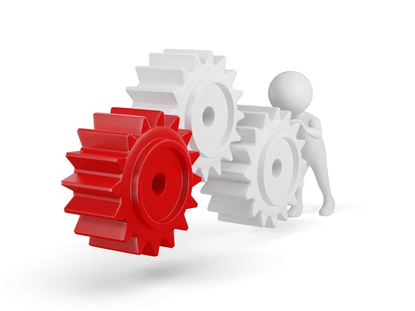 3d small person rolls a large gears. 3d image. Isolated white background. — Stock Photo, Image