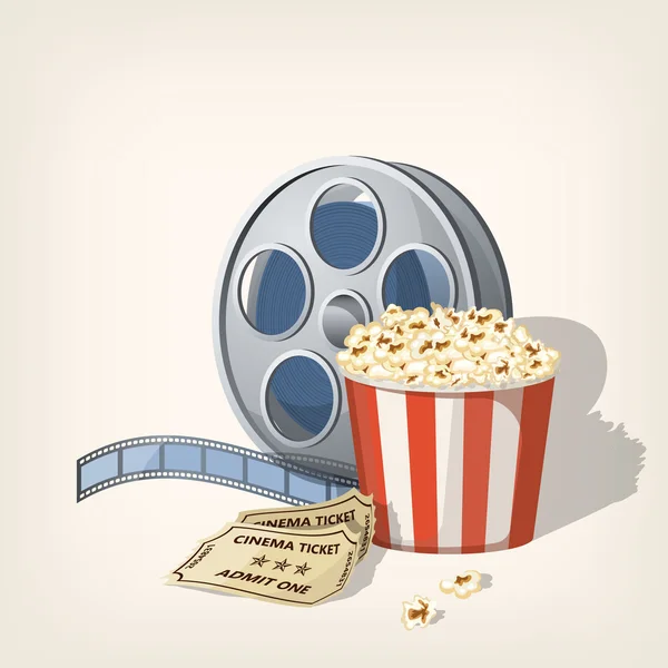 Popcorn box, filmremsan och biljetter. Bio affisch Design Template.Vector illustration — Stock vektor