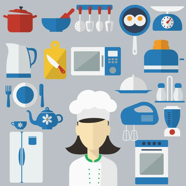 Iconos de concepto de diseño plano de utensilios de cocina con un chef en pancartas. Herramientas de cocina y equipo de utensilios de cocina, sirven comidas y elementos de preparación de alimentos. Chef y carácter de herramienta — Vector de stock