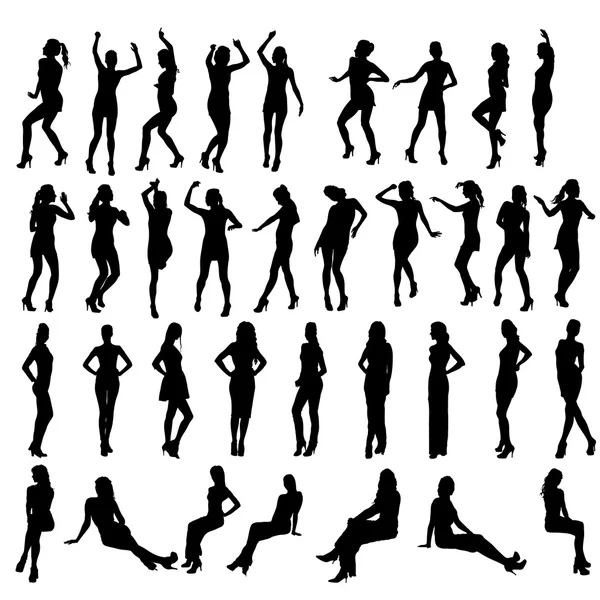 Vector silhouetten van dansen, staande en vergadering vrouwen. Vrouwen in verschillende poses. — Stockvector