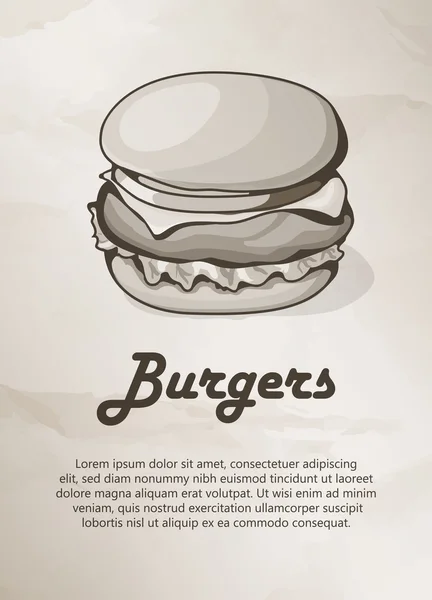 Burger. Jahrgangsmenü, Etikett, Logo, Rahmen, Broschüren. Design-Vorlagen. Vektorillustration. — Stockvektor