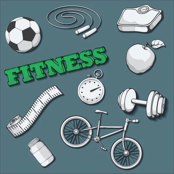 Zestaw fitness, sport i zdrowy styl życia. Ilustracja wektorowa. — Wektor stockowy