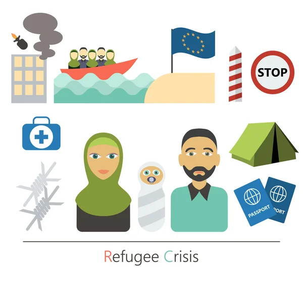 Flüchtlingskrise Flachvektorkonzept. Kriegsopferkonzept. infografische Elemente. Set von flachen Symbolen Zeichentrickfigur Design. — Stockvektor