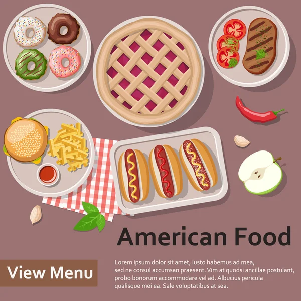 Cibo americano. Stile piatto laico Illustrazione . — Vettoriale Stock