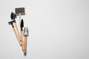 Beyaz tablo üzerinde tırmık ve kürek bahçe araçları kopya alanı ile düz arkaplan yatıyordu.