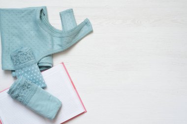 Beyaz masa üzerinde bir kadın gömleği, külot ve not defteri vardı..