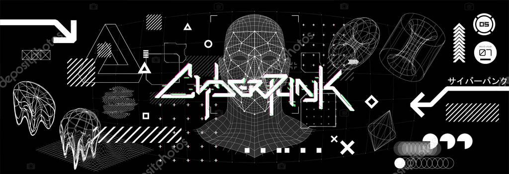 Ai hologram human head. Concept image VR and Artificial Intelligence with Hi-tech shapes. HUD, GUI, UI abstract universal elements. Cyberpunk concept. Ai system face recognition. Vector illustration