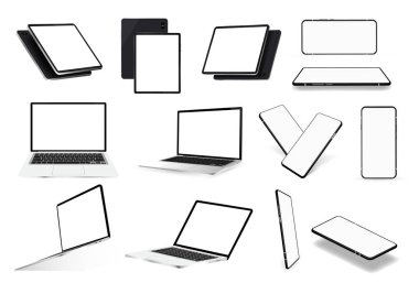 Çeşitli cihazların maketleri. Laptop, Tablet ve Cep Telefonu. İzometrik, ön ve perspektif görünümlü boş ekranlı gerçekçi 3D cihazlar. Laptop, akıllı telefon ve tablet maketleri. Vektör koleksiyonu
