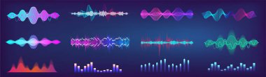 Ses dalgaları dengeleyici renkli koleksiyon. HUD tarzında fütürist set - müzik dalgaları, frekans ses dalgası, ses grafiği sinyali. Mikrofon ses kontrol koleksiyonu ve ses tanıma. Vektör