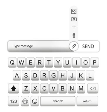 Cep telefonu için UI klavyesi, akıllı telefon. Gölgeli beyaz gerçekçi cep telefonu düğmeleri. Alfabe, kurye için sayılar ve simgeler. UI UX KITT klavyesi. Model telefon düğmeleri. Vektör illüstrasyonu