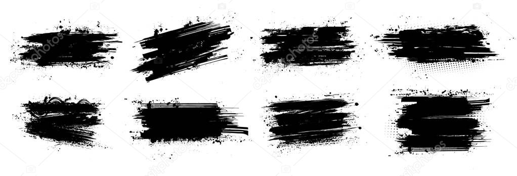 Ink brushstroke and paintbrush template with splashes grunge. Vector set black ink brush stroke. Dirty artistic design elements. Grunge splatter, dirt stain, brush with drops blots. Vector