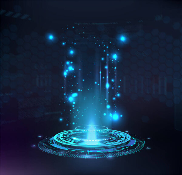 Magic portal, hologram, circle teleport or Sci-fi gadget. High-tech projector in HUD style. Futuristic magic podium. VR universal graphic element. Presentation podium, Circle portal, teleport. Vector