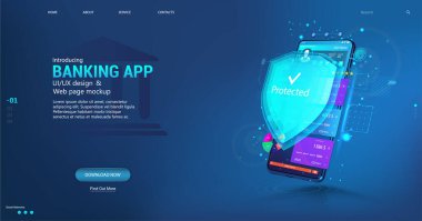 Çevrimiçi bankacılık uygulaması ve veri koruması ve para koruması. Kredi kartı, NFC teknolojisi ve yüksek ödeme güvenliğiyle internet ödemesi. UI bankacılık uygulaması ile akıllı telefon. Vektör Web pankartı