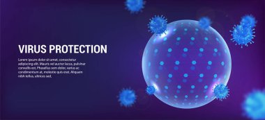 Koruma virüsü, yuvarlak küre kabarcık kalkanı, viral enfeksiyonu yansıtıyor. Mor bayrak konsept enfeksiyon koruması. Ürününüz ve sunumu için 3D kabarcık kalkan şablonu. Vektör illüstrasyonu