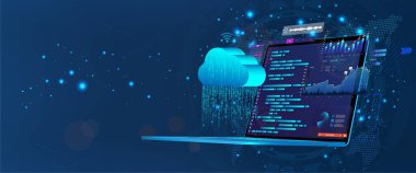 Yazılım geliştirme UI ile programlama kodlu dizüstü bilgisayar ve bulut depolama verileri kaydediliyor. İnternet üzerinden internet kodlaması ve senkronizasyon. Programlama kavramı