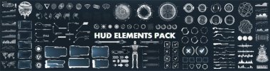 Oyun ve VR tasarımı için bilimkurgu fütüristik HUD, GUI, UI arayüzü seti. Sanal gerçeklik kutusu, büyük set fütüristik elementler. UI - grafikler, dijital çember, dünya küresel, 3D gövde ve diğer HUD elementleri