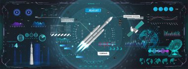 Roket fırlatma ve uçuş, gösterge paneli, HUD stil kontrol merkezi. GUI, UI, UX ve Eğitim Uygulamaları için bir dizi uzay elemanı. Bilimkurgu 3 boyutlu elementler HUD, UI arayüzlü. Kokpit gösterge paneli grafik paneli.