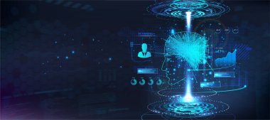 Ai hologram insan kafası ve 3 boyutlu nöron beyin modeli. Yapay sinirsel ağ ve yapay zeka kavramı. İnsan kafasının neon silueti, hologram beyni ve HUD UI ile dijital afiş. Vektör
