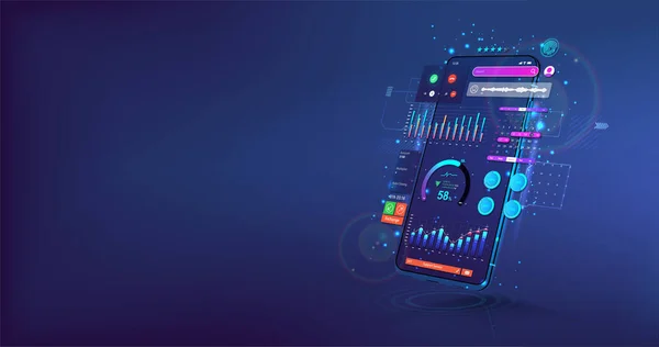 Renkli tasarımı olan mobil uygulama. Gezici bir uygulama oluşturuluyor. Mockup UI ve Sunum Uygulaması. Kullanıcı Arayüzü ile üç boyutlu gerçekçi aygıt. UI, UX, KIT ve Web konsepti. Modern Vektör illüstrasyonu