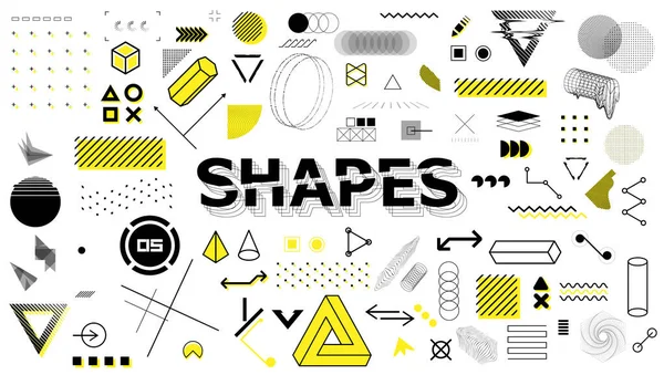 Signe géométrique, formes, éléments en style memphis. Eléments graphiques universels, formes rétrofuturistes tendance dans un style minimal. Formes géométriques et éléments abstraits tendances. Ensemble vectoriel — Image vectorielle