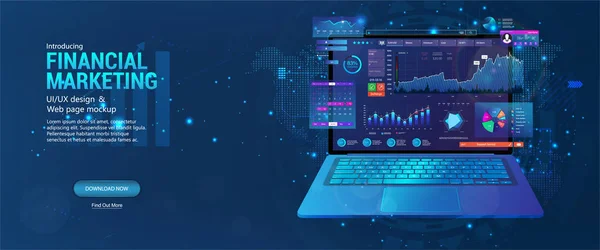 Pagina Web - Marketing finanziario con laptop e con un'applicazione di monitoraggio aperta su di esso, trading e investimenti online, dashboard SEO, tecnologia moderna. banner 3D con grafici analitici dei dati. Vettore — Vettoriale Stock