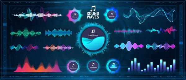 Modern Sound Waves Equalizer (en inglés). Formas de onda futuristas, barras de interfaz de usuario y UX circulares, señal de gráfico de voz y onda musical en estilo futurista HUD. Micrófono de voz y reconocimiento de sonido. Set de ondas de audio vectorial — Vector de stock