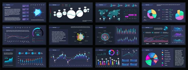 Sötét prezentációs dia gradiens grafikus elemekkel. Üzleti jelentés és projekt adatok megjelenítése. Diavetítés statisztikai, adatelemzéssel és információval. A vektor bemutatása infografikával — Stock Vector