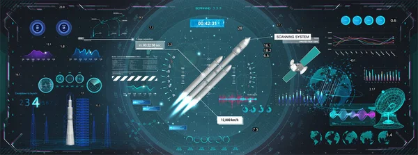 ロケット打ち上げと飛行、ダッシュボード、 HUDスタイルコントロールセンター。GUI 、 UI 、 UX 、教育アプリのためのスペース要素のセット。HUD 、 UIインターフェイスを備えたSci-fi 3D要素。コックピットダッシュボードグラフィックパネル. — ストックベクタ