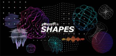 Arıza efektli modern moda şekiller. 3 boyutlu evrensel elementler konsept siber punk, retro fütürizm, buhar dalgası. Soyut dijital kalıplar, logolar, Memphis tarzı şekiller oluşturur. Vektör illüstrasyonu