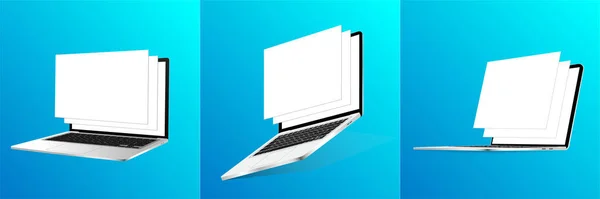 Responsieve mockups laptop met out-of-bounds raamsjablonen. Geweldige 3D realistische apparaten op hellingen achtergronden. Mockup notebook met lege framework webpagina 's en het tonen van screenshots. Vector — Stockvector