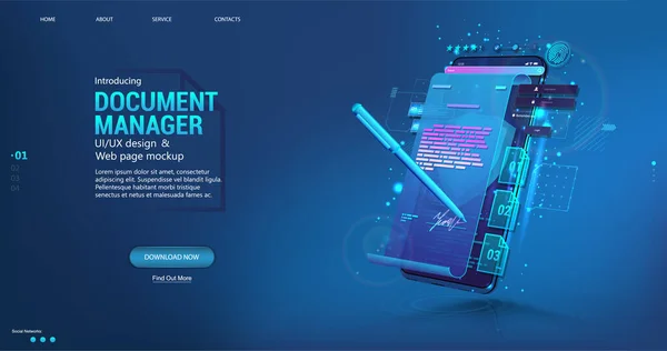 Dokumenthanterare - Mobiltelefon App för företag. Undertecknande av avtal eller avtal online. Digitalt signaturkoncept med hjälp av en penna på en mobil eller surfplatta. E-signatur och hög skyddsnivå — Stock vektor