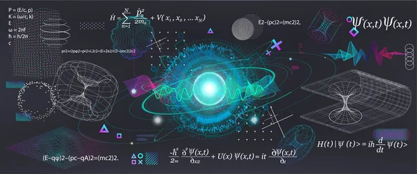 Elementi scientifici insieme concetto Meccanica quantistica, formula, curvatura dello spazio-tempo in un campo gravitazionale, buco nero, elementi della fisica teorica. Meccanica quantistica futuristica. Collezione vettoriale — Vettoriale Stock