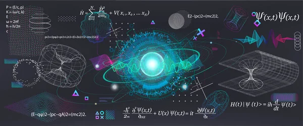 科学の要素は、概念量子力学、公式、重力場の時空の曲率、ブラックホール、理論物理学の要素を設定します。未来的な量子力学。ベクトル集 — ストックベクタ