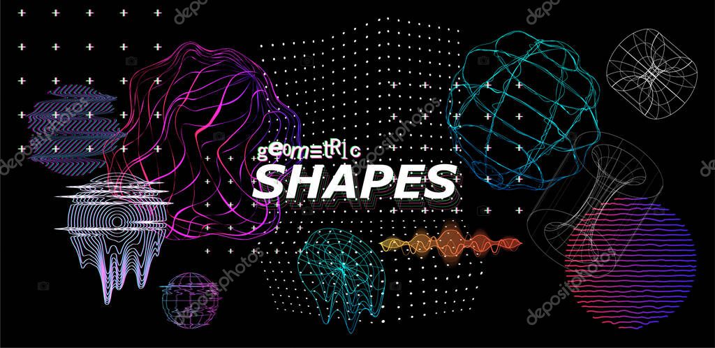 Modern trendy shapes with glitch effect. 3D Universal elements in concept cyberpunk, retro futurism, vaporwave. Abstract digital forms patterns, logo, shapes in Memphis style. Vector illustration