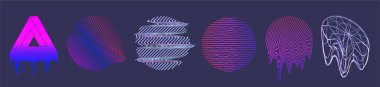 Retrofürizm şekilleri, yuvarlak ve yuvarlak elementler arıza ve sıvı etkiye sahiptir. Soyut tasarım formları, 80-90 'larda aydınlatılmış holografik. Buhar dalgası, sentetik dalga. Moda şekilleri. Vektör koleksiyonu