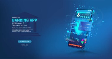 İnternet Bankacılık - Kullanıcı Arayüzü ile cep telefonu uygulaması. Veri koruması ve yüksek güvenlikli ödemeler. Çevrimiçi bankacılık ve kredi kartlı cüzdan. Para transferi ve para deposu. Vektör