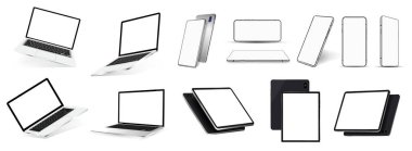 Gerçekçi cihazlar ve cihazlar, üç boyutlu gerçekçi akıllı telefonlar, tabletler ve çeşitli açılardan dizüstü bilgisayarlar. Isometric, frontal, perspektif. Gadget şablonu ayarlandı. Cep Telefonu, PC, Not Defteri Yapılandırmaları