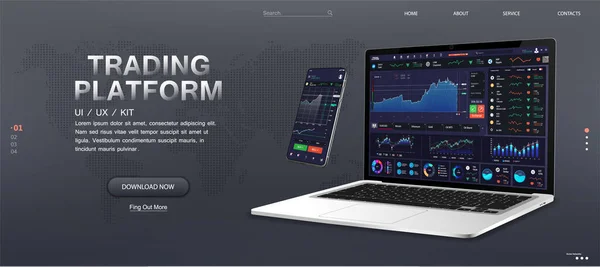 Plataforma de comercio Web Banner Mockup. Monitoreo del mercado y comercio de acciones y criptomonedas en línea. Mercado Forex, noticias y análisis. Pantallas de aplicaciones comerciales y opciones binarias en diferentes gadgets. Vector — Vector de stock