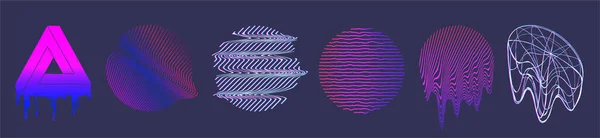 グリッチと液体効果を持つ未来の形状、円と球の要素。アブストラクトデザインフォーム、 80-90年代の照明ホログラフィック。蒸気波、合成波。流行の形だ。ベクトル集 — ストックベクタ