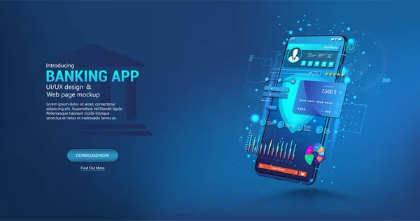 Internet Banking - Aplicativo de telefone móvel com interface UI. Pagamentos com proteção de dados e segurança de alto nível. Banca online e carteira com cartões de crédito. Transação em dinheiro e armazenamento de dinheiro. Vetor — Vetor de Stock