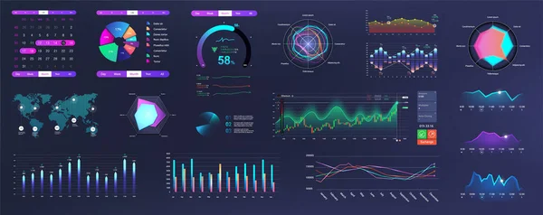 Nowoczesny interfejs Neon UI, UX i KIT elementów z wykresami, grafiką i infografiką. Ekran danych zarządzania siecią z wykresami i diagramami HUD. Nowoczesny interfejs z neonowymi kolorami. Zestaw graficzny wektora — Wektor stockowy