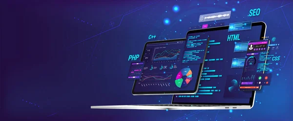 Banner Yazılım UI ve farklı cihazlar için geliştirme. Grafik, grafikler, analitik veriler, test platformu, kodlama süreci olan iş uygulaması paneli. Yazılım geliştirme ve programlama kavramı.
